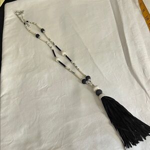 Chico's Black and White Beaded Tassel Necklace